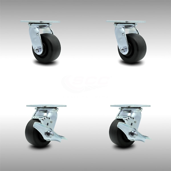 4 Inch Stainless Steel Polyolefin Swivel Caster Set with Ball Bearings 2 Brakes